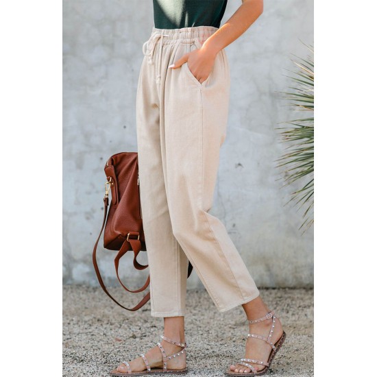 Beige Drawstring Pocketed Straight Leg Denim Pants