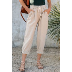 Beige Drawstring Pocketed Straight Leg Denim Pants