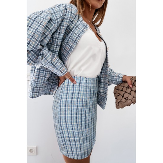 Sky Blue  High Waist Tweed Plaid Mini Skirt