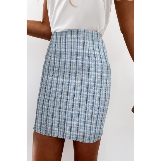 Sky Blue  High Waist Tweed Plaid Mini Skirt