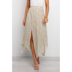 Beige Fashion Print Side Slit Pleated Maxi Skirt