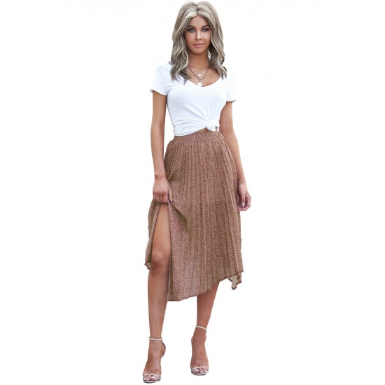 Brown Fashion Print Side Slit Pleated Maxi Skirt