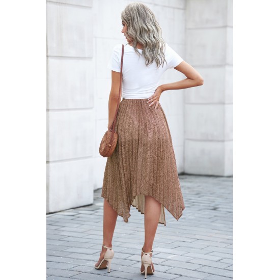 Brown Fashion Print Side Slit Pleated Maxi Skirt