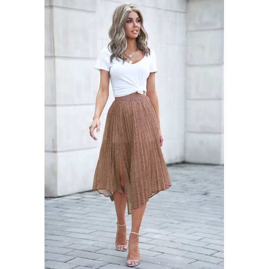 Brown Fashion Print Side Slit Pleated Maxi Skirt