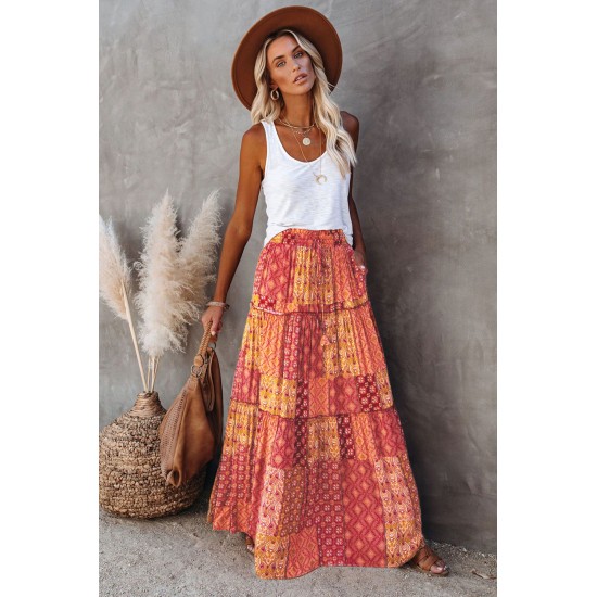 Orange Tiered Paisley Print Pocketed Maxi Skirt