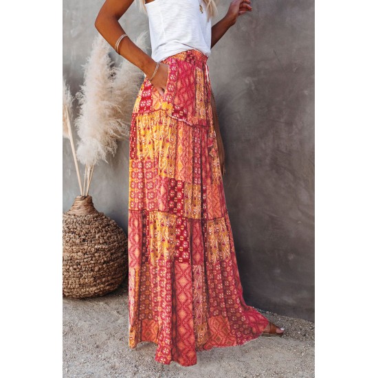 Orange Tiered Paisley Print Pocketed Maxi Skirt