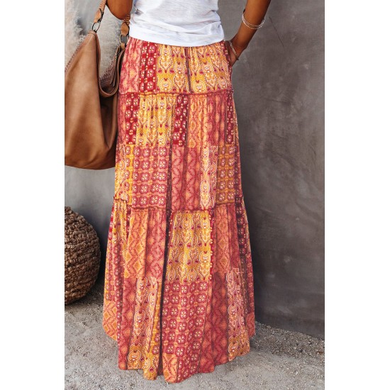 Orange Tiered Paisley Print Pocketed Maxi Skirt