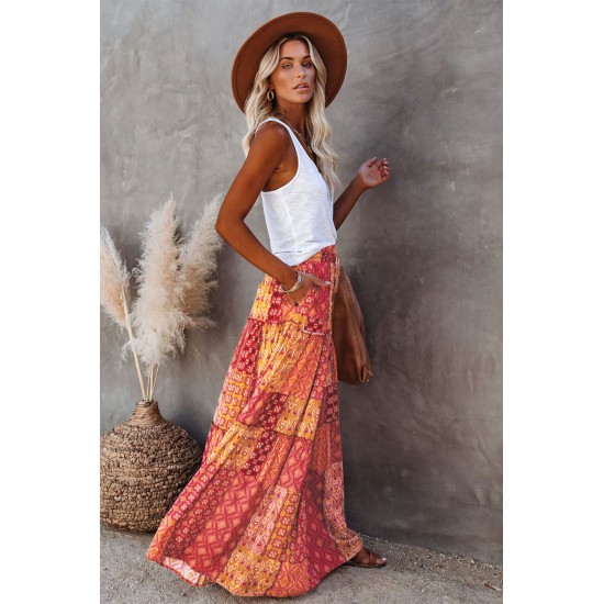 Orange Tiered Paisley Print Pocketed Maxi Skirt