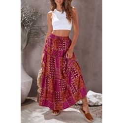 Tiered Paisley Print Pocketed Maxi Skirt