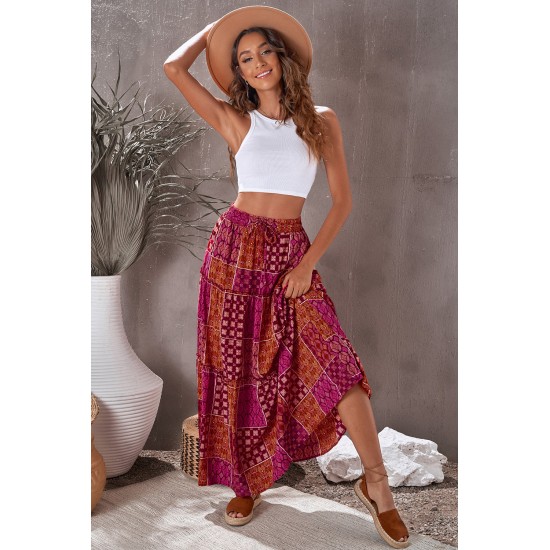 Tiered Paisley Print Pocketed Maxi Skirt