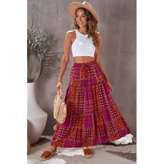 Tiered Paisley Print Pocketed Maxi Skirt