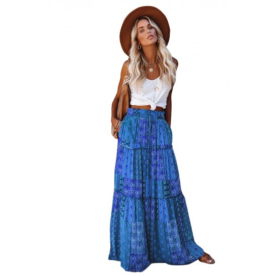 Tiered Paisley Print Pocketed Maxi Skirt