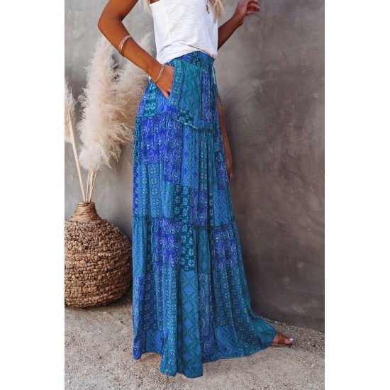 Tiered Paisley Print Pocketed Maxi Skirt