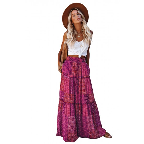 Purple Tiered Paisley Print Pocketed Maxi Skirt