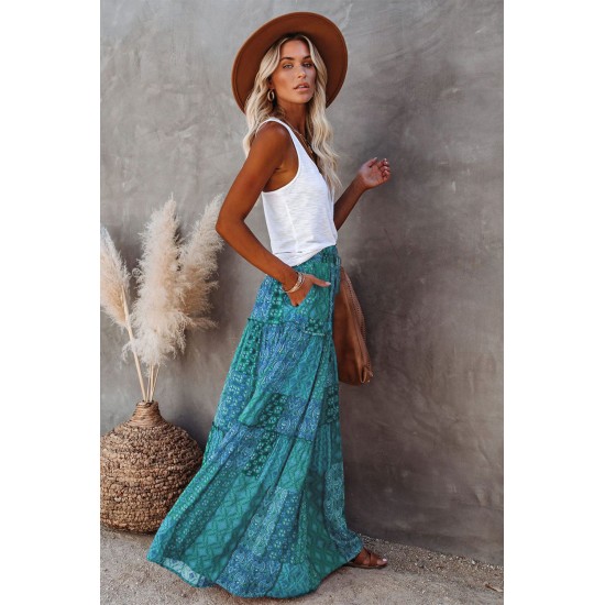 Green Tiered Paisley Print Pocketed Maxi Skirt