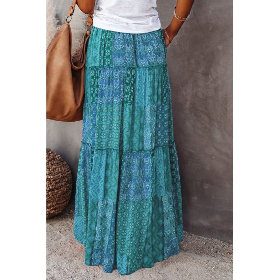 Green Tiered Paisley Print Pocketed Maxi Skirt