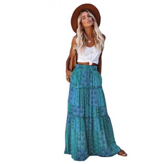 Green Tiered Paisley Print Pocketed Maxi Skirt