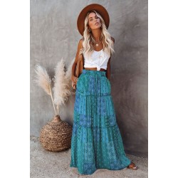 Green Tiered Paisley Print Pocketed Maxi Skirt