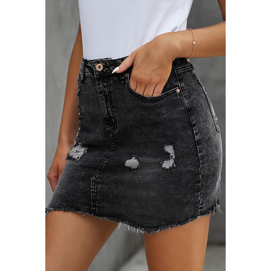 Black Distressed Raw Hem Denim Skirt