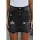 Black Distressed Raw Hem Denim Skirt