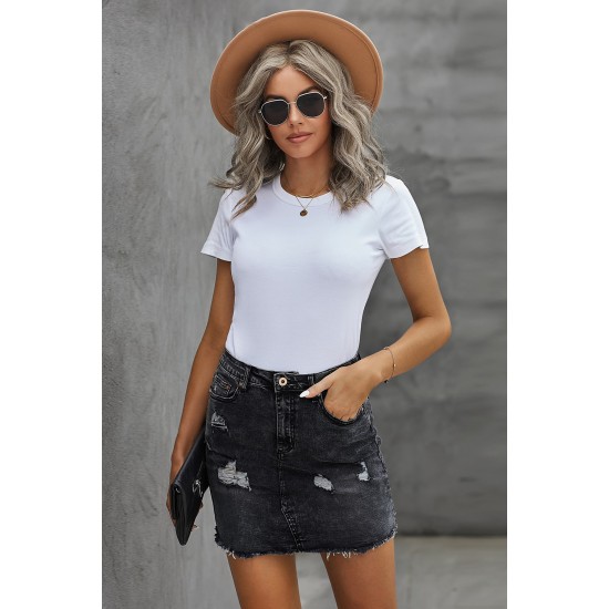 Black Distressed Raw Hem Denim Skirt