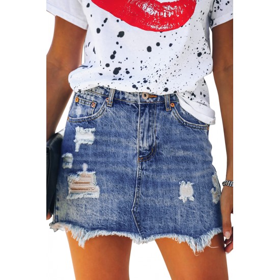 Blue Distressed Raw Hem Denim Skirt