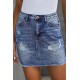 Blue Distressed Raw Hem Denim Skirt