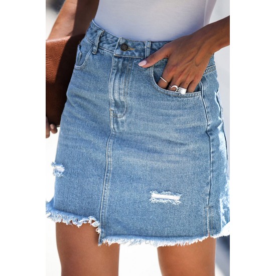 Sky Blue Pocketed Raw Hemline Short Denim Skirt