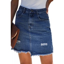 Blue Pocketed Raw Hemline Short Denim Skirt