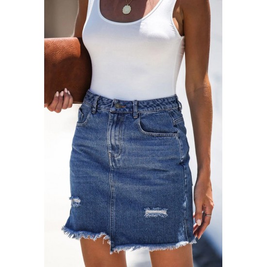 Blue Pocketed Raw Hemline Short Denim Skirt