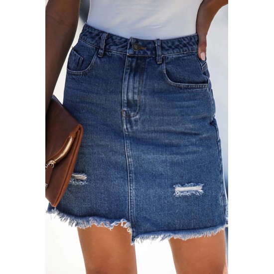 Blue Pocketed Raw Hemline Short Denim Skirt