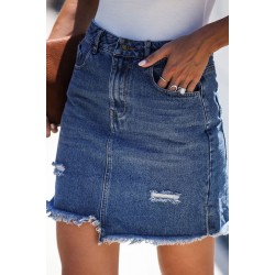 Blue Pocketed Raw Hemline Short Denim Skirt