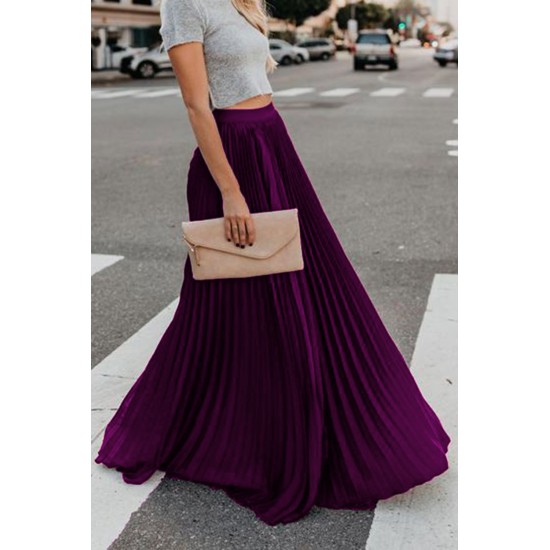 Purple High Waisted Pleated Maxi Skirt