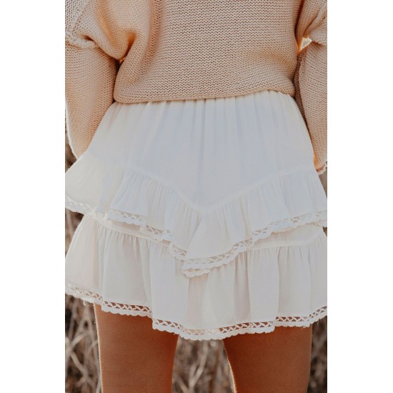 White Solid Color High Waist Tiered Crochet Ruffle Mini Skirt