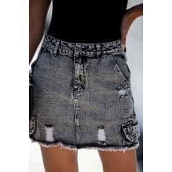 Black High Waist Distressed Denim Mini Skirt with Pocket