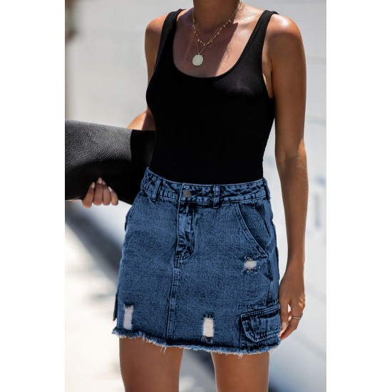 Blue High Waist Distressed Denim Mini Skirt with Pocket