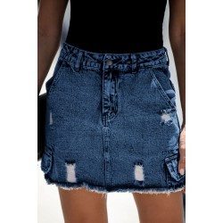 Blue High Waist Distressed Denim Mini Skirt with Pocket