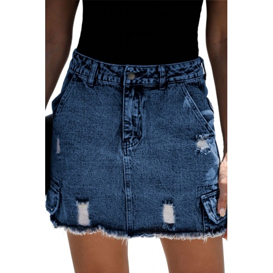 Blue High Waist Distressed Denim Mini Skirt with Pocket