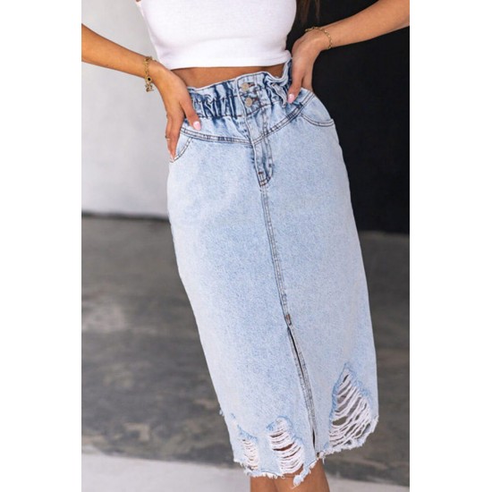 Sky Blue High Waist Hole Denim Skirts