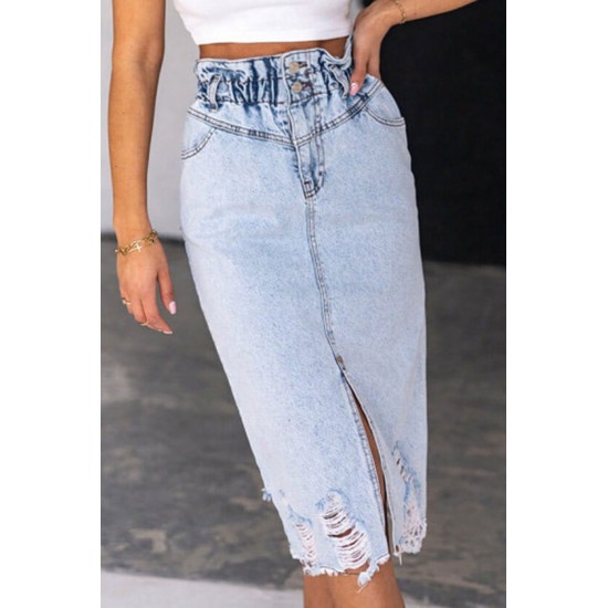 Sky Blue High Waist Hole Denim Skirts