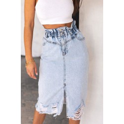 Sky Blue High Waist Hole Denim Skirts