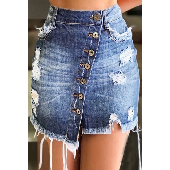 Light Blue Distressed Button Front Ripped A-Line Denim Short Skirt