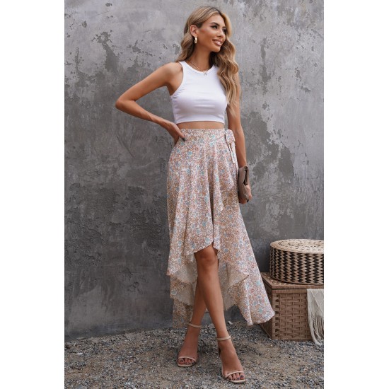 Wrap Style High-low Ruffle Hemline Floral Skirt