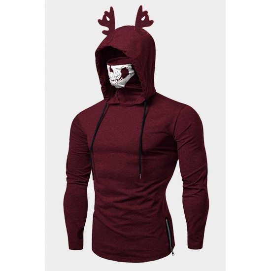 Halloween Skeleton Print Antlers Patchwork Men's Hoodie