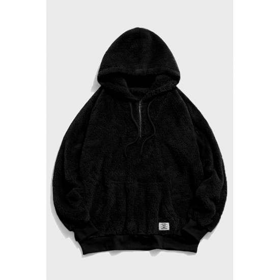 Black 1/4 Zip Fleece Men's Hoodie with Pocket