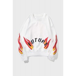 White Letters Flame Print Crew Neck Men's Graphic Sweatshirt