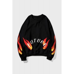 Black Letters Flame Print Crew Neck Men's Graphic Sweatshirt