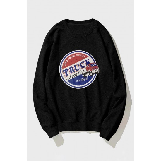 Black Graphic Letter Print Crew Neck Men's Pullover Sweatshirt