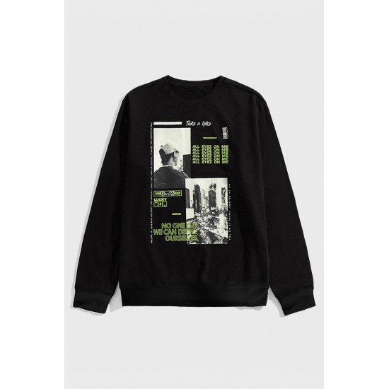 Black Letter Pattern Print Crew Neck Men's Graphic Sweatshirt