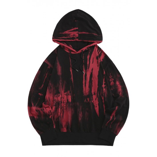 Red Tie-dyed Print Kangaroo Pocket Men's Hoodie